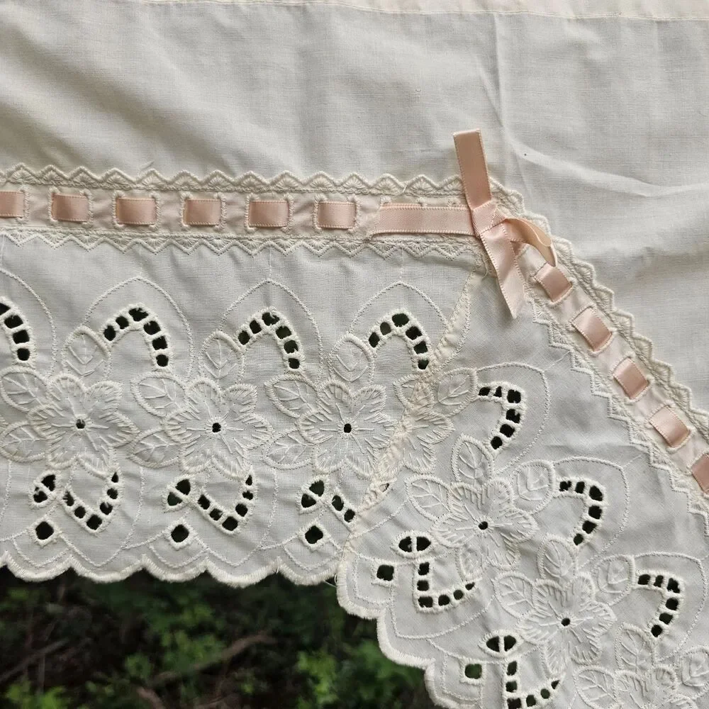 Set of 2 Vintage 1970s Swag Valances with Eyelet Lace & Pink Ribbon Trim